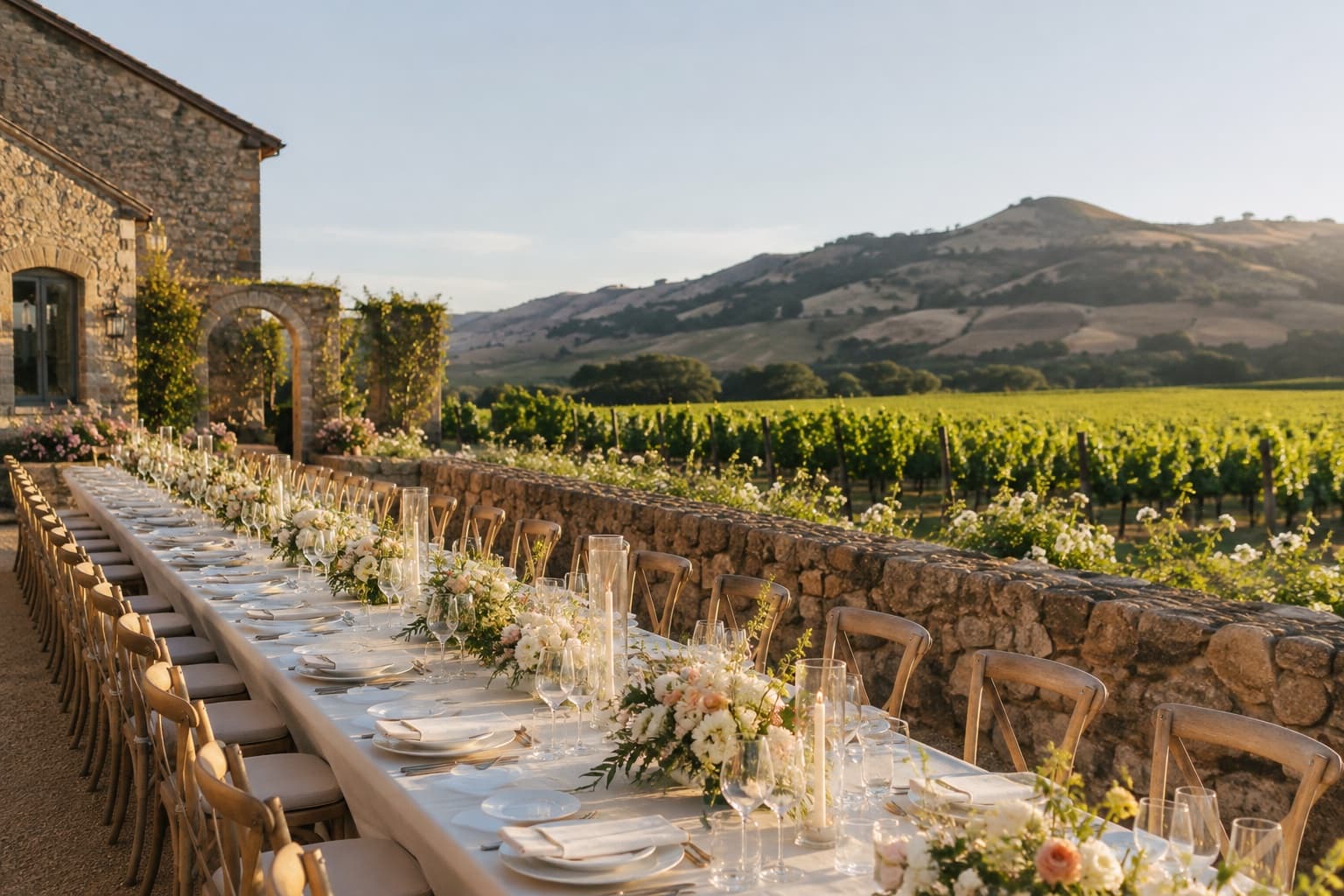 Outdoor wedding dinner table beside a stone estate and Sonoma vineyard