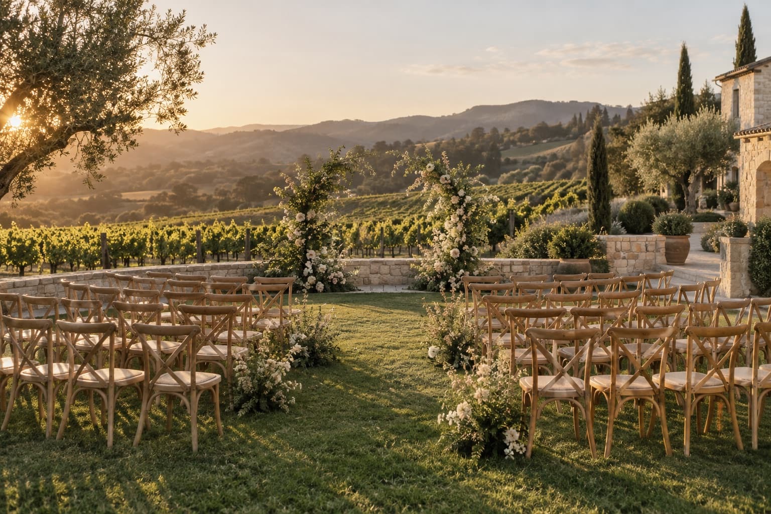 Illustration of a ceremony lawn beside a fictional Sonoma vineyard estate