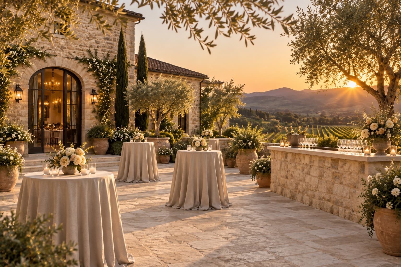Illustration of the fictional estate's stone cocktail courtyard with a bar and vineyard view