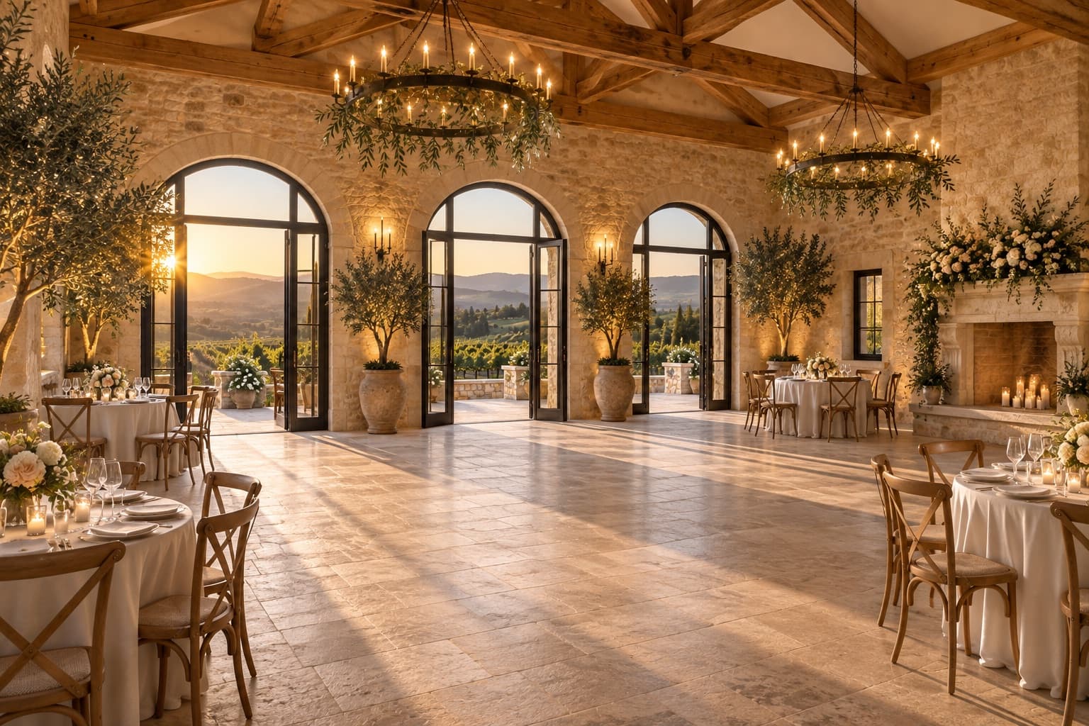 Illustration of the fictional estate's indoor reception salon with open floor and vineyard views