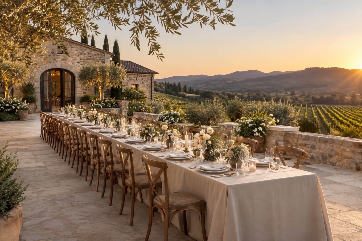 Illustration of a long-table dinner on a stone terrace overlooking a fictional Sonoma vineyard